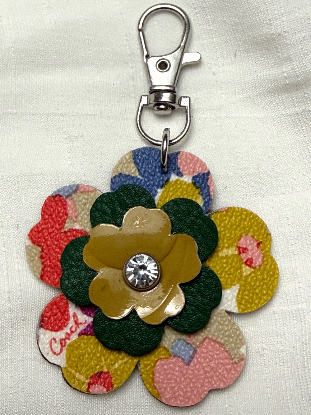 Upcycled COACH Multicolor Floral Leather Key & Card Holder Charm with Crystal